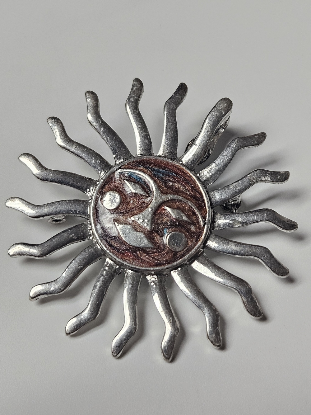 Sunface Silver-Tone and Brown Enamel Brooch Pendant